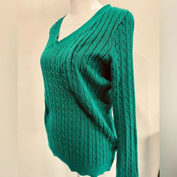 Talbots Cable knit sweater classic V neck green business office women’s LP - Picture 2 of 6
